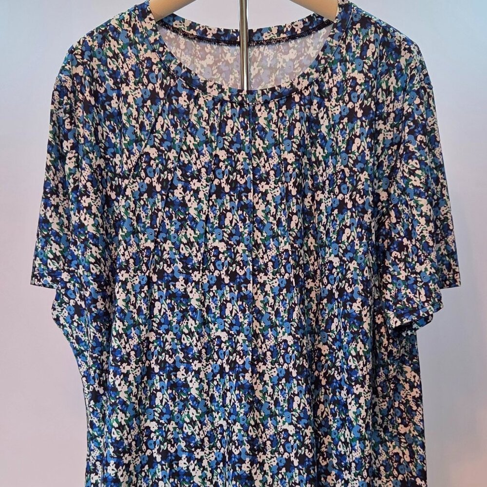 Floral Patterned Short Sleeve Pleated Top by Kistore, 4X, Blue/Green/White